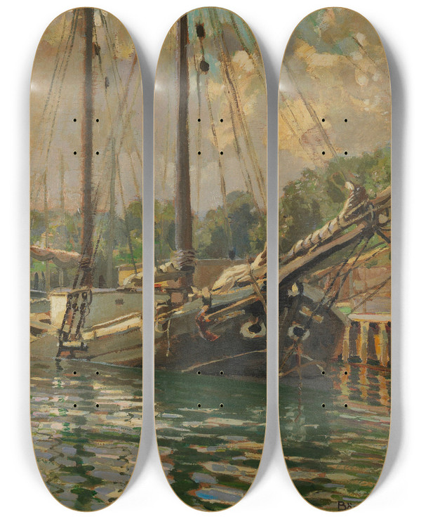 Triptych art skateboard deck of Carl Bssenroth Ewer Im Hafen Von Eckernfrde by Carl Bossenroth (1863-1935)