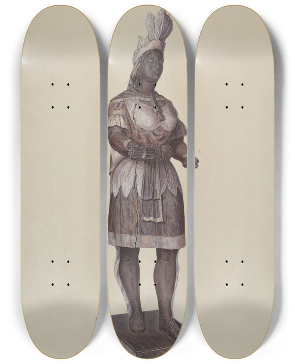 Triptych art skateboard deck of Dorothy Handy Cigar Store Indian by Dorothy Handy