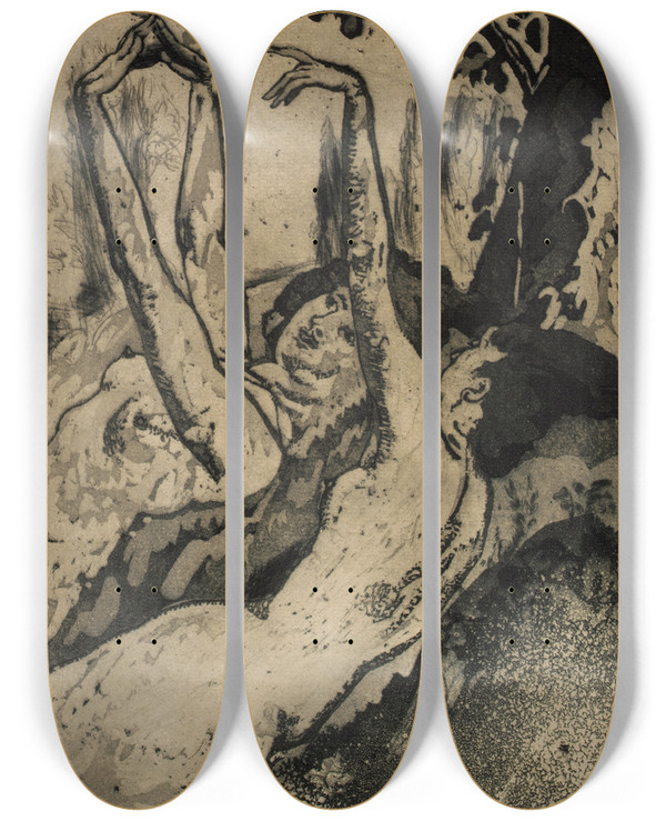 Triptych art skateboard deck of Arthur Bowen Davies Moonlight On The Grassy Bank by Arthur Bowen Davies (1862-1928)
