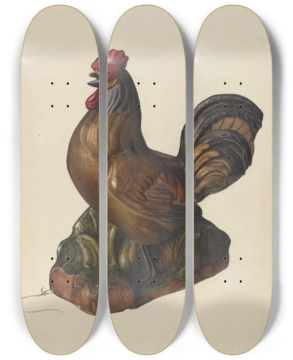 Triptych art skateboard deck of Mina Lowry Toy Rooster by Mina Lowry (1894-1942)
