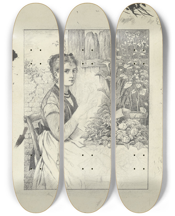 Triptych art skateboard deck of Otto Scholderer Flower Arranger by Otto Scholderer (1834-1902)