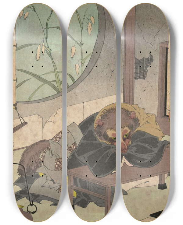 Triptych art skateboard deck of Tsukioka Yoshitoshi Bunbuku Chagama_2 by Tsukioka Yoshitoshi (1839-1892)