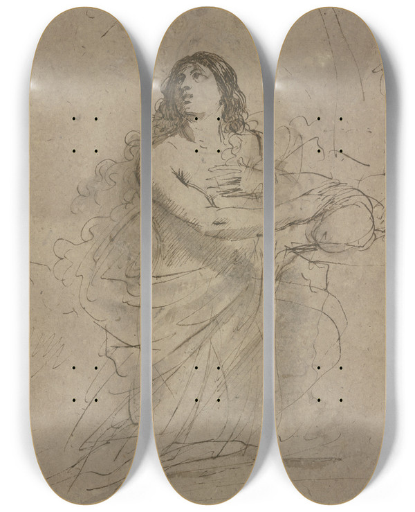Triptych art skateboard deck of Guercino Atoning Magdalene by Guercino (1591-1666)