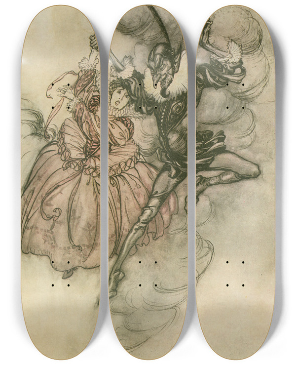 Triptych art skateboard deck of Arthur Rackham A Grand Pas De Deux Performed In The Very First Style By These Two by Arthur Rackham (1867-1939)