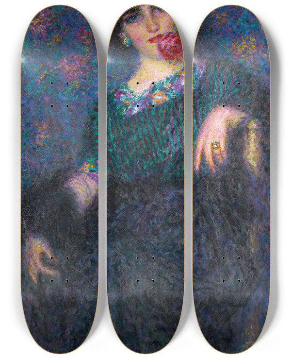 Triptych art skateboard deck of Enrico Della Leonessa Italian Lady With A Rose by Enrico della Leonessa (1865-1921)