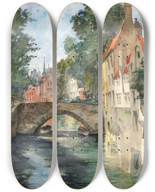 Triptych art skateboard deck of Cass Gilbert On The Canal Bruges by Cass Gilbert (1859-1934)