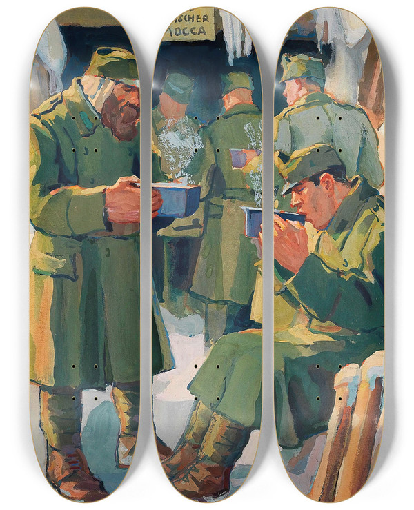 Triptych art skateboard deck of Wilhelm Thny Heute Frischer Mocca by Wilhelm Thony (1888-1949)
