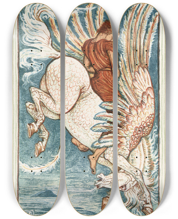 Triptych art skateboard deck of Walter Crane Bellerophon On Pegasus by Walter Crane (1845-1915)