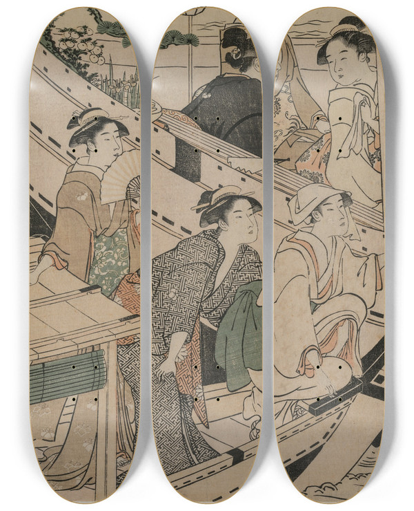 Triptych art skateboard deck of Torii Kiyonaga Boating Party On The Sumida River_1 by Torii Kiyonaga (1752-1815)