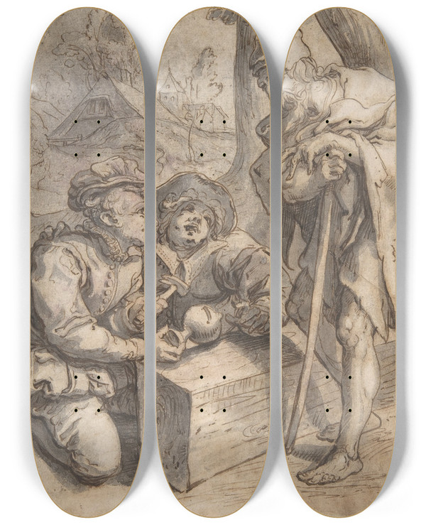 Triptych art skateboard deck of Karel Van Mander A Proverb Wealth And Poverty by Karel Van Mander (1548-1606)