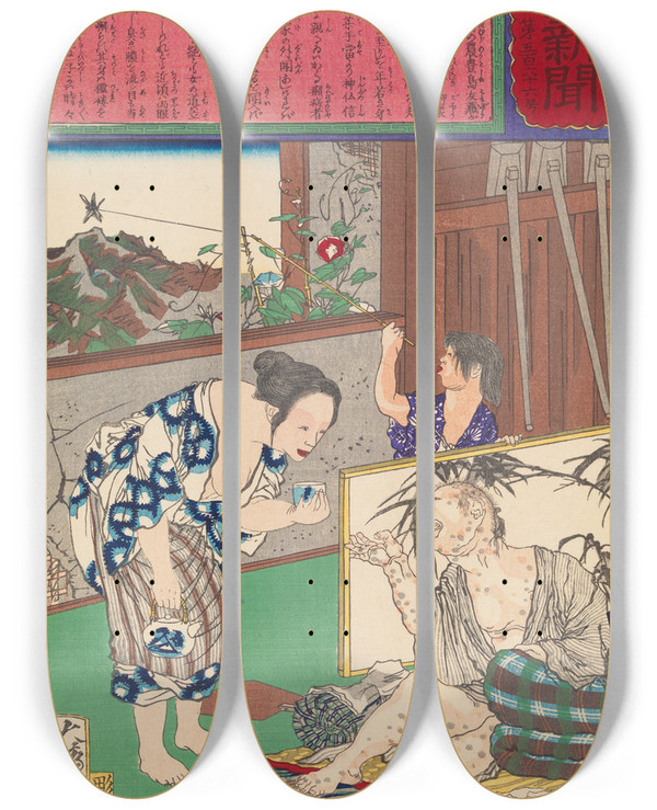 Triptych art skateboard deck of Tsukioka Yoshitoshi Toshima Tomiyo Who Stayed With Her Leper Husband Tomoz by Tsukioka Yoshitoshi (1839-1892)