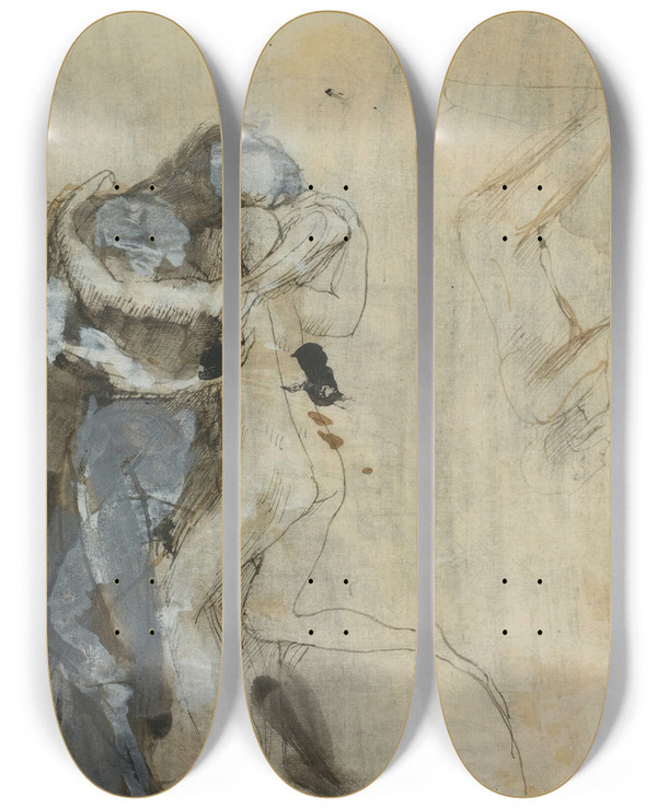 Triptych art skateboard deck of Auguste Rodin Lenfant Prodigue by Auguste Rodin (1840-1917)