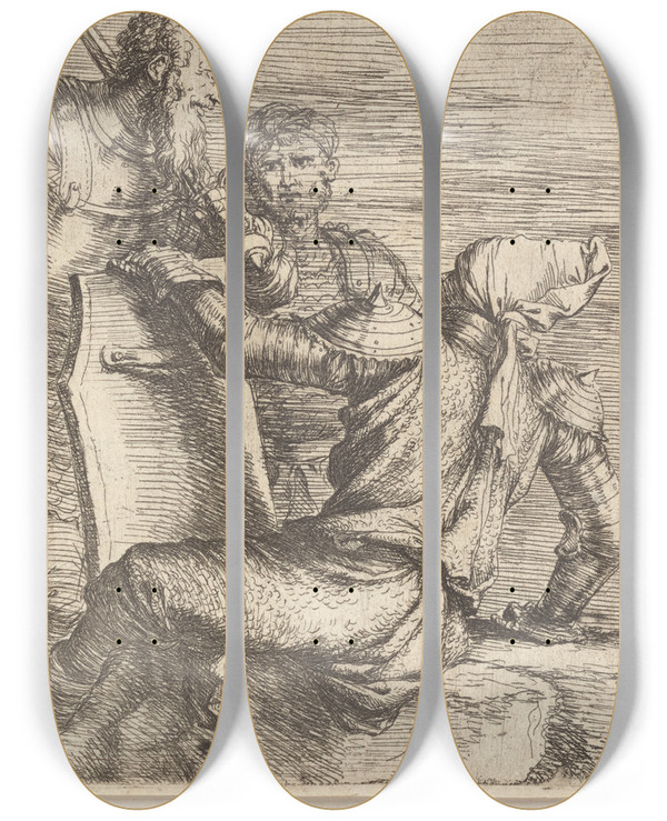 Triptych art skateboard deck of Salvator Rosa Two Soldiers Facing A Third Who Holds A Shield by Salvator Rosa (1615-1673)