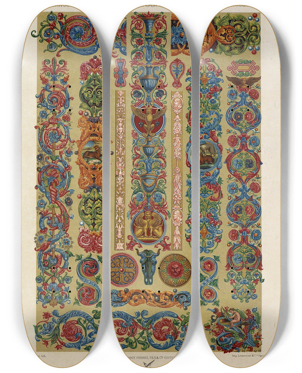 Triptych art skateboard deck of Auguste Racinet Renaissance 2 by Auguste Racinet (1825-1893)
