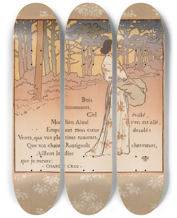 Triptych art skateboard deck of George Auriol Trembling Woods by George Auriol (1863-1938)