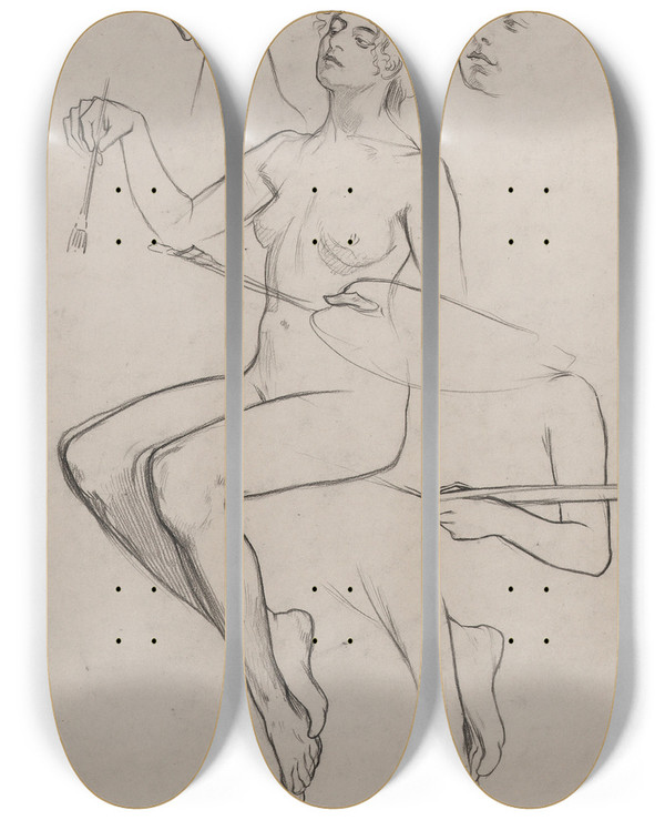 Triptych art skateboard deck of Alphonse Mucha Female Nude by Alphonse Mucha (1860-1939)