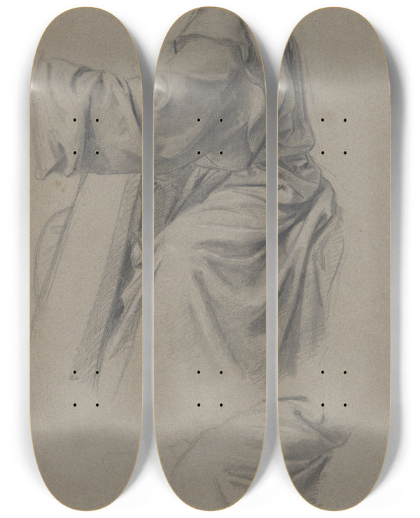 Triptych art skateboard deck of Jzef Simmler Davids Robe Study To The Painting King David Playing The Harp by Jozef Simmler (1823-1868)