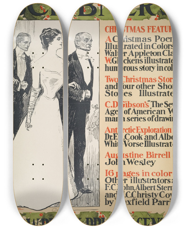 Triptych art skateboard deck of Charles Dana Gibson The Christmas Scribners by Charles Dana Gibson (1867-1944)