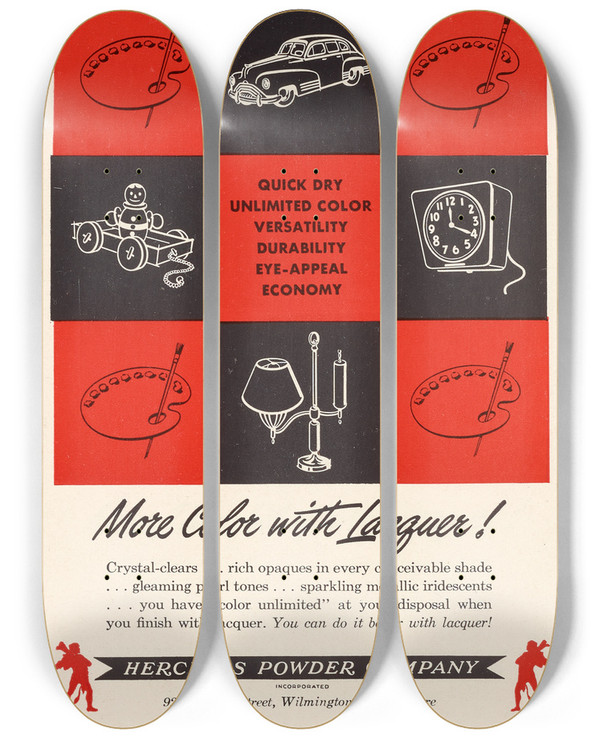 Triptych art skateboard deck of Hercules Incorporated More Color With Lacquer by Hercules Incorporated (20-)