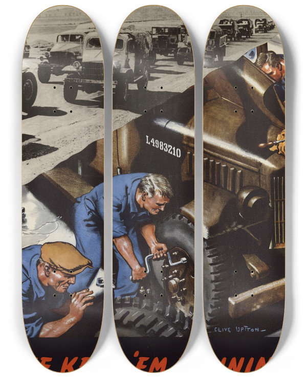 Triptych art skateboard deck of Clive Uptton Transport Feeds The Front Line by Clive Uptton (1911-2006)