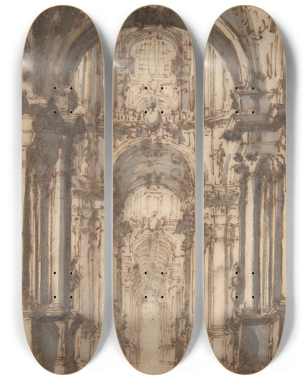 Triptych art skateboard deck of Giovanni Battista Natali Iii Design For A Stage Set_4 by Giovanni Battista Iii Natali (1698-1765)