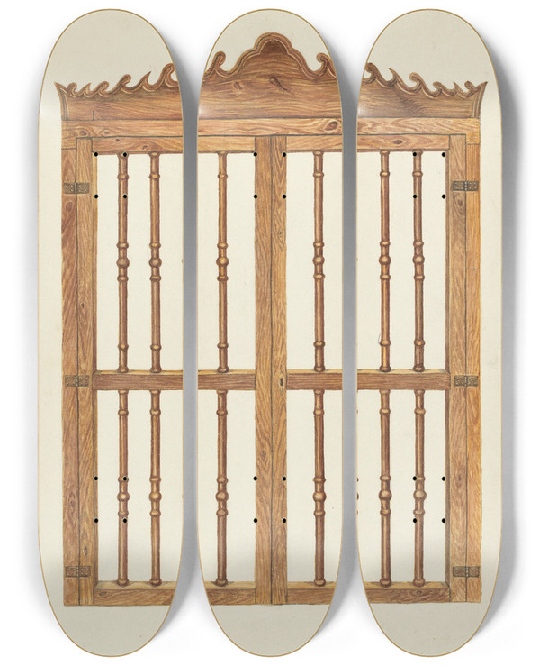 Triptych art skateboard deck of Marius Hansen Grille Doors Of Wood by Marius Hansen