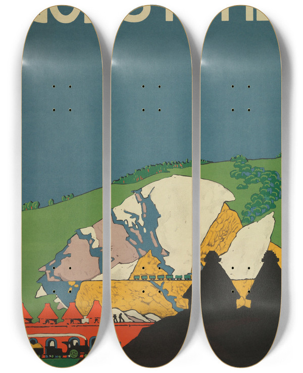 Triptych art skateboard deck of Edward Mcknight Kauffer Godstone London Underground by Edward Mcknight Kauffer (1890-1954)