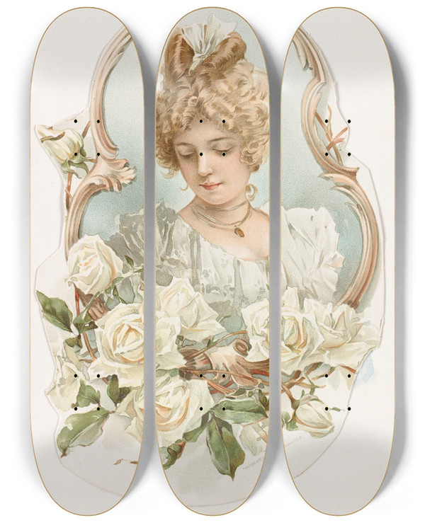 Triptych art skateboard deck of Louis Prang Womans Head Enframed With White Roses by Louis Prang (1824-1909)