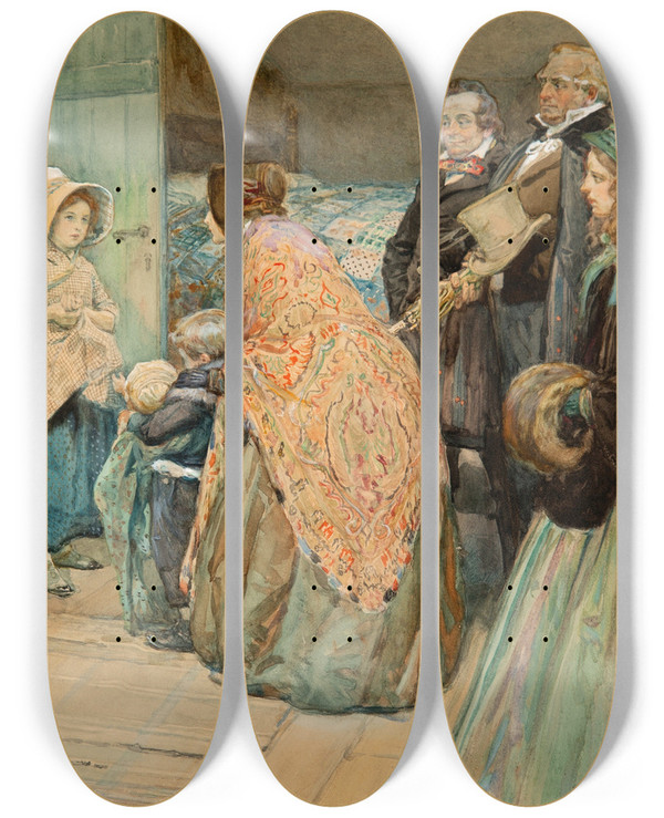 Triptych art skateboard deck of Alice Barber Stephens Bleak House Interior Illustration by Alice Barber Stephens (1858-1932)