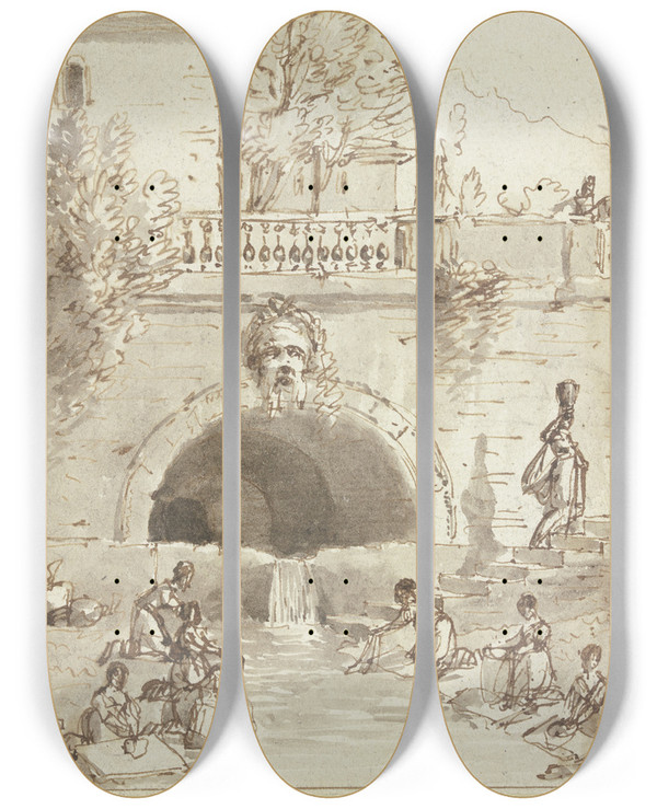 Triptych art skateboard deck of Hubert Robert Wscherinnen An Einem Alten Brunnen by Hubert Robert (1733-1808)