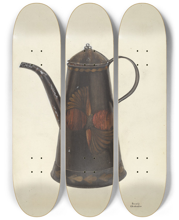 Triptych art skateboard deck of Beverly Chichester Toleware Tin Teapot by Beverly Chichester (20-)