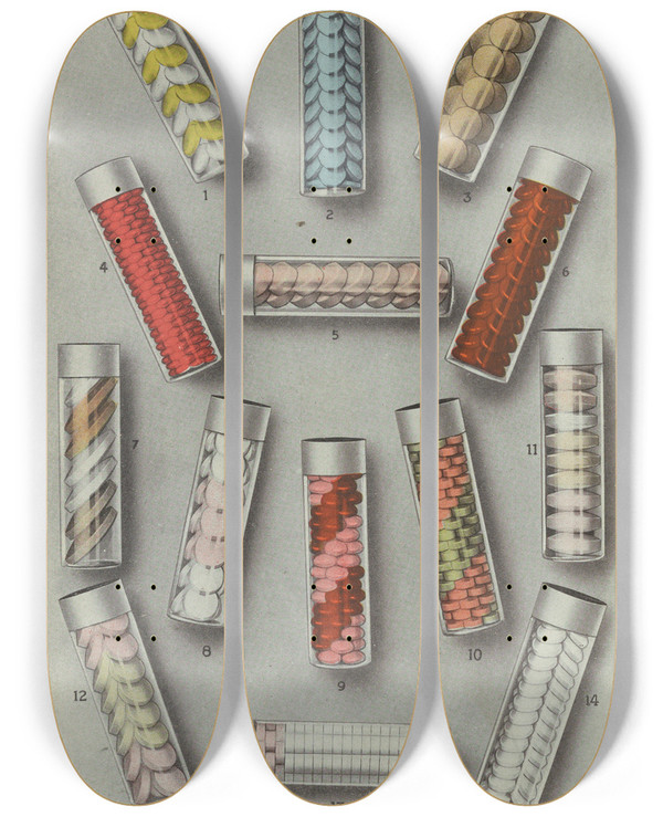 Triptych art skateboard deck of Eli Lilly Company Display Samples Only Lilly Tablets by Eli Lilly Company (19-20-)