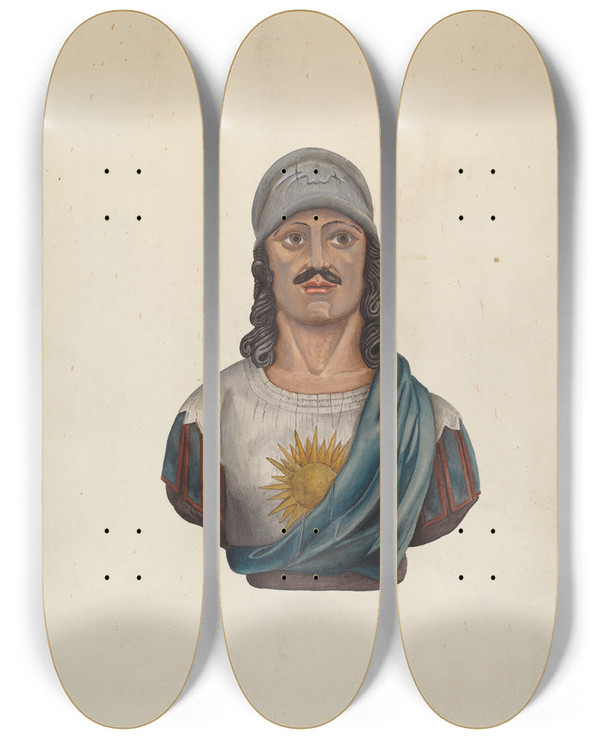 Triptych art skateboard deck of Fw Powell Figurehead Warrior With Helmet by F.W. Powell