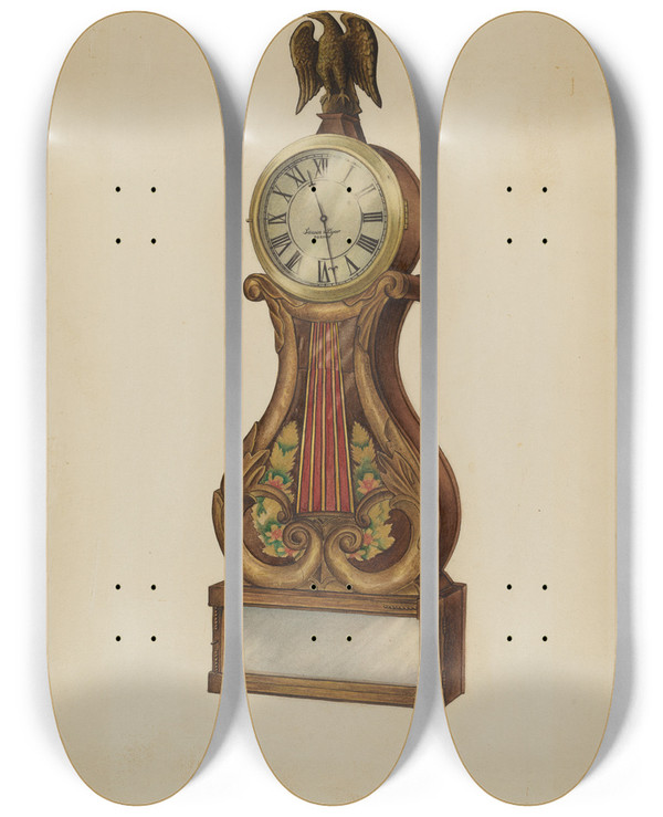 Triptych art skateboard deck of Isidore Sovensky Lyre Clock by Isidore Sovensky