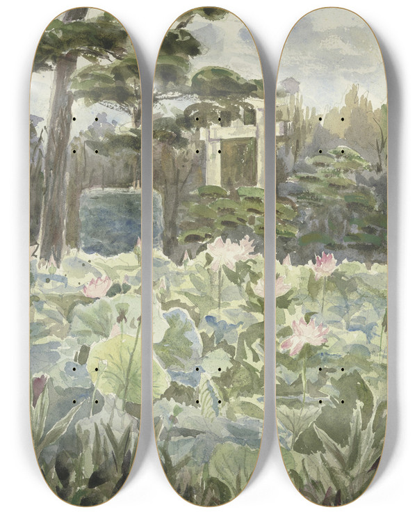 Triptych art skateboard deck of Fritz Hauck Partie Eines Japanischen Gartens by Fritz Hauck (1852-1909)