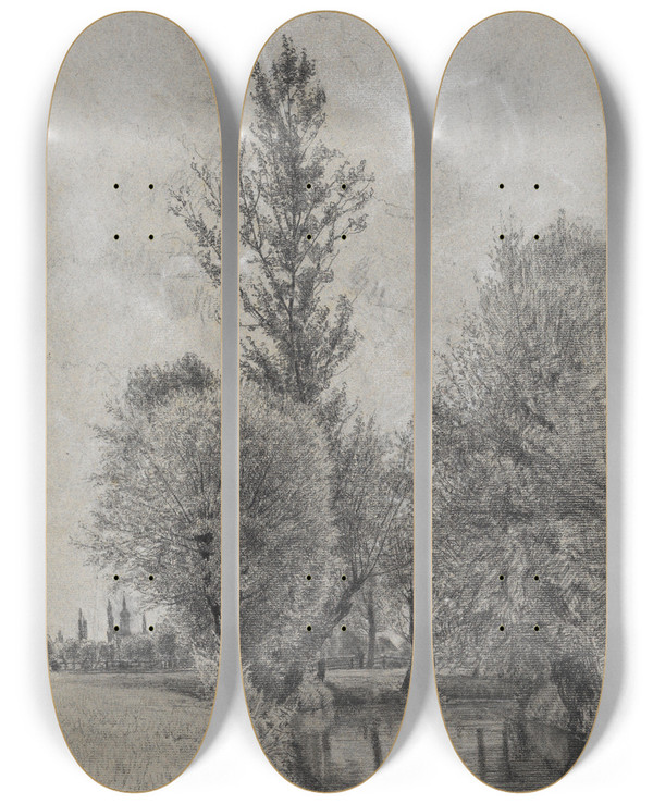 Triptych art skateboard deck of Gustav Kampmann Weiden An Der Sempt Bei Langenpreising by Gustav Kampmann (1859-1917)