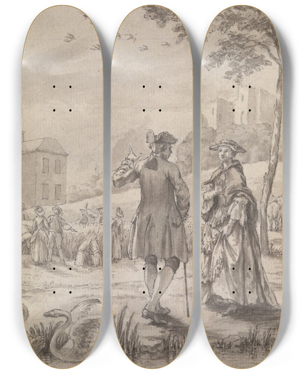 Triptych art skateboard deck of Samuel Wale An Eclipse In Harvest Time by Samuel Wale (1721-1786)