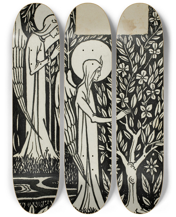 Triptych art skateboard deck of Aubrey Vincent Beardsley Decorative Study Two Angels by Aubrey Vincent Beardsley (1872-1898)