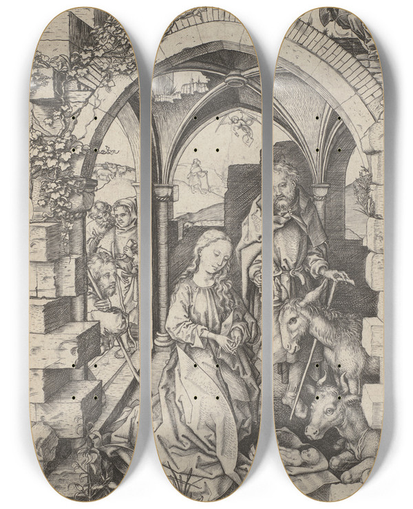 Triptych art skateboard deck of Martin Schongauer The Nativity by Martin Schongauer (1435-1491)