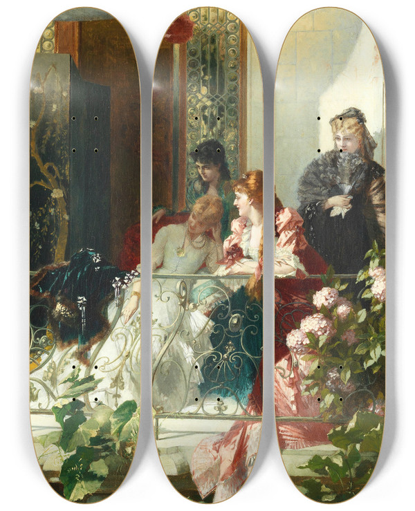 Triptych art skateboard deck of Conrad Kiesel On The Balcony by Conrad Kiesel (1846-1921)