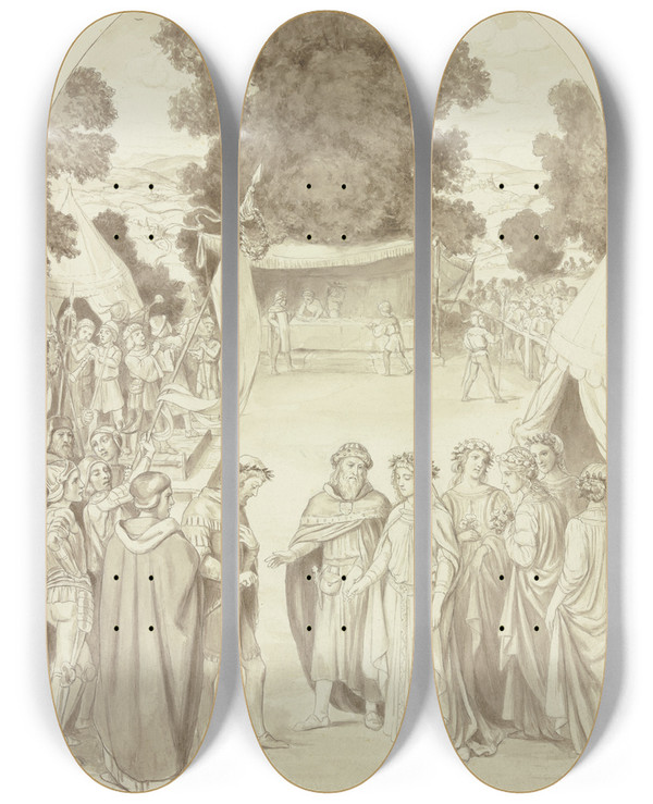 Triptych art skateboard deck of Wilhelm Steinhausen Irmelas Betrothal by Wilhelm Steinhausen (1846-1924)