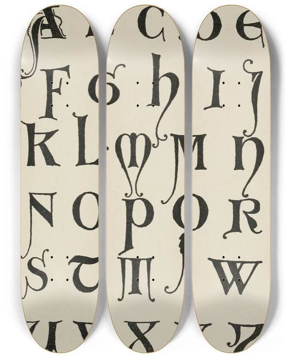 Triptych art skateboard deck of Frank Chouteau Brown Uncial Gothic Initials 2 by Frank Chouteau Brown (1876-1947)