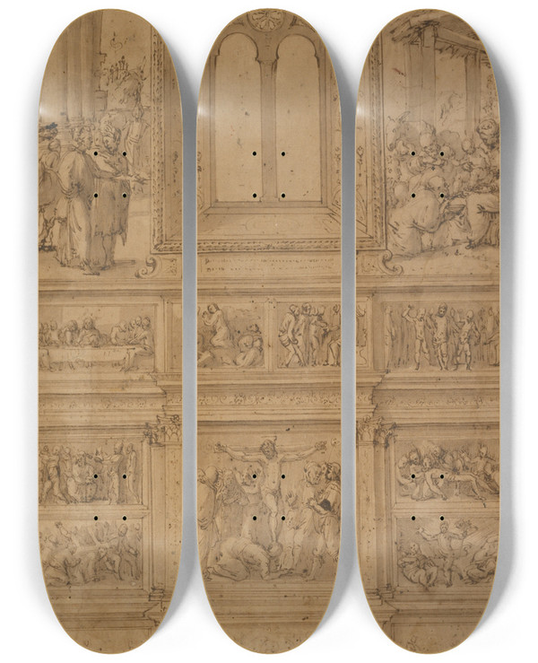 Triptych art skateboard deck of Perino Del Vaga Project For A Wall Decoration by Perino Del Vaga (1500-1547)