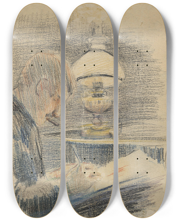 Triptych art skateboard deck of Karl Drnberger Tegnende Mann Ved Parafinlampe by Karl Dornberger (1864-1940)