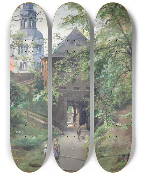 Triptych art skateboard deck of Edward Theodore Compton Spaziergnger Am Mnchsberg Mit Blick Auf Die Mllner Kirche by Edward Theodore Compton (1849-1921)