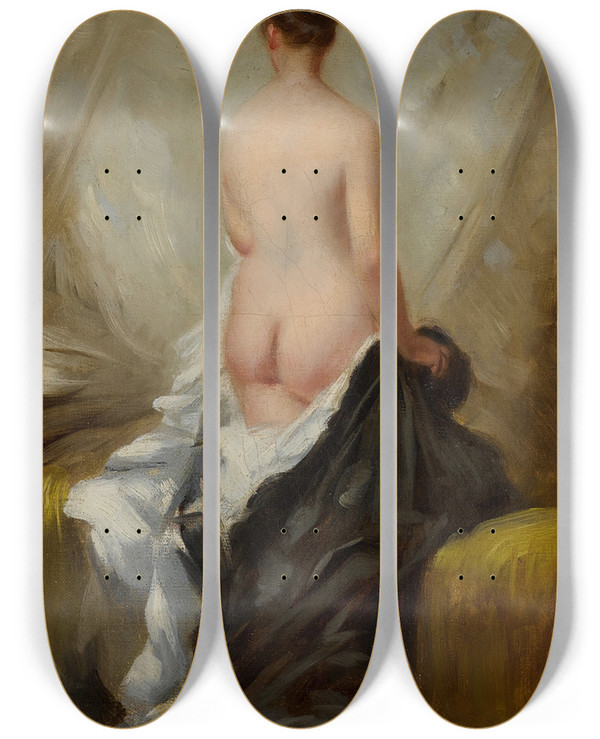 Triptych art skateboard deck of Charles Chaplin Nude Seen From Behind by Charles Chaplin (1825-1891)