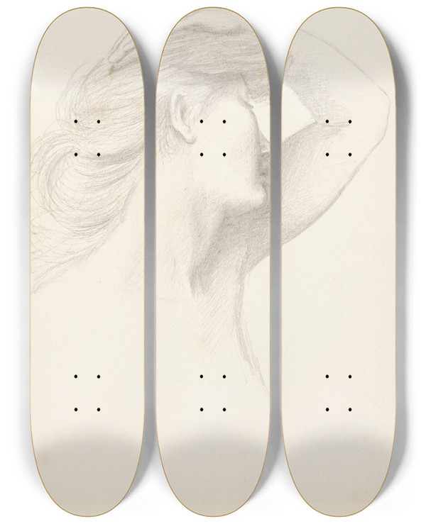 Triptych art skateboard deck of Evelyn De Morgan Study For Luna by Evelyn De Morgan (1855-1919)