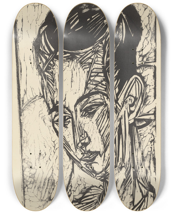 Triptych art skateboard deck of Ernst Ludwig Kirchner Kopf Tochter Hardt by Ernst Ludwig Kirchner (1880-1938)