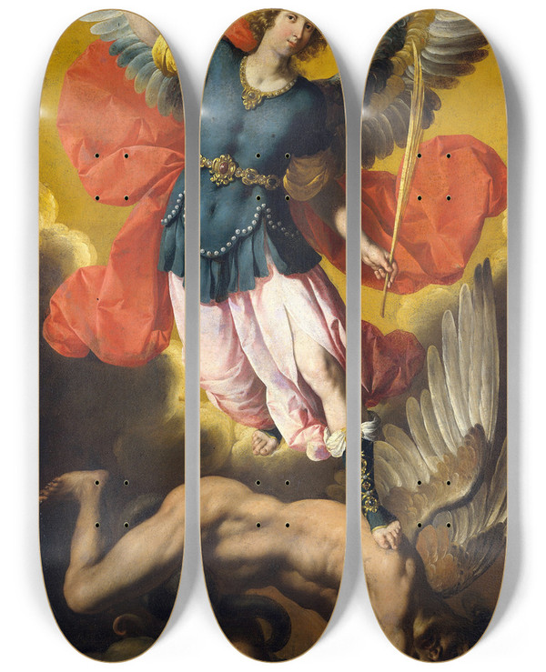 Triptych art skateboard deck of Ignacio De Ries Saint Michael The Archangel by Ignacio De Ries (1616-1665)