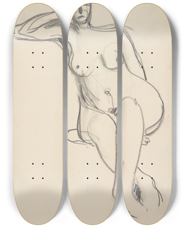 Triptych art skateboard deck of Harald Giersing Siddende Kvindelig Model_4 by Harald Giersing (1881-1927)